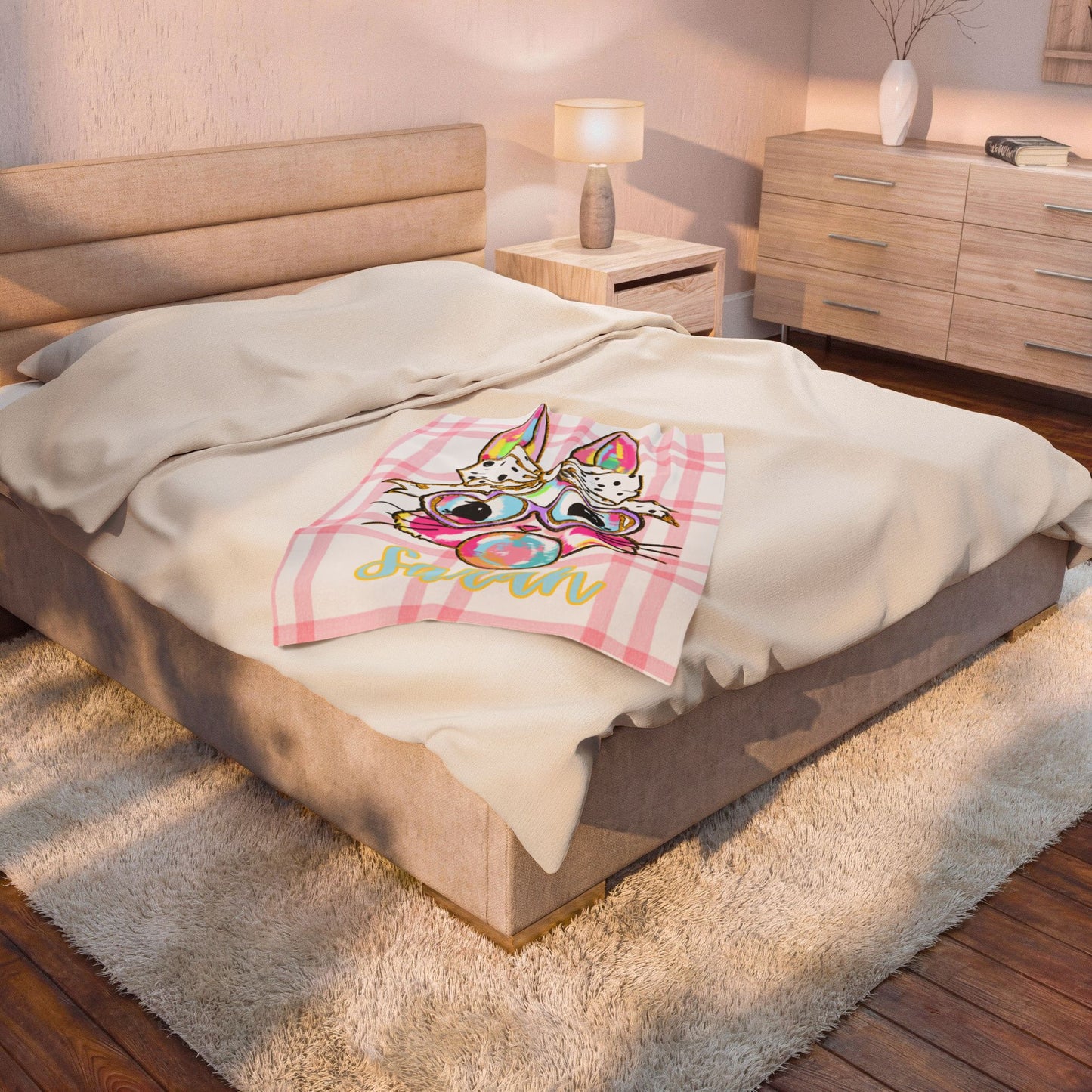 Personalized Bunny Plush Blanket — Pink Plaid Velveteen Throw with Name