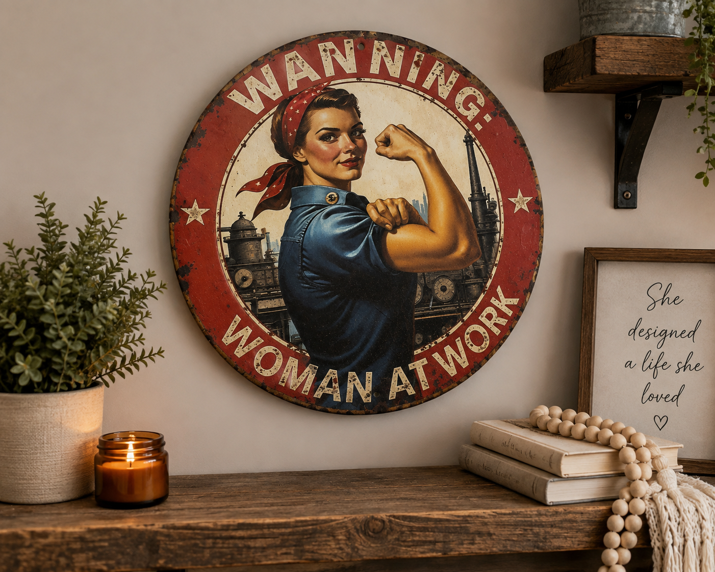Woman Working Metal Sign