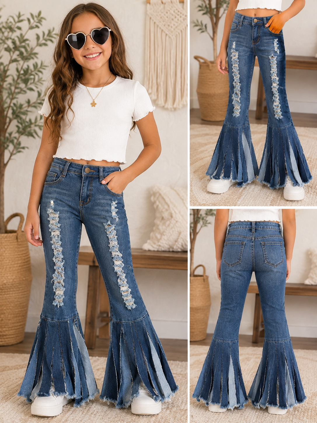 Distressed Denim Girls Bell Bottom Jeans
