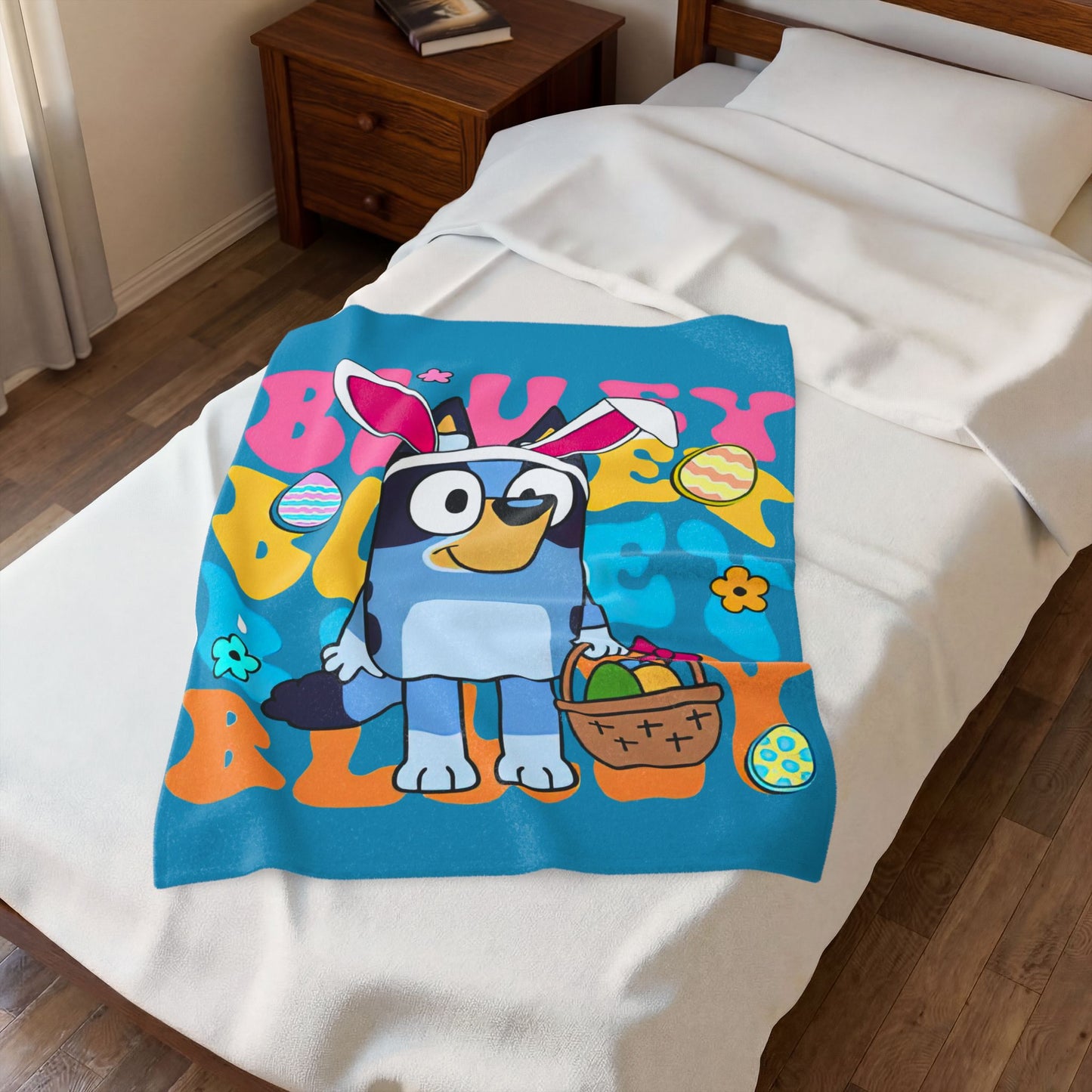 Easter Bunny Bluey Velveteen Plush Blanket – Kids Cartoon Easter Throw