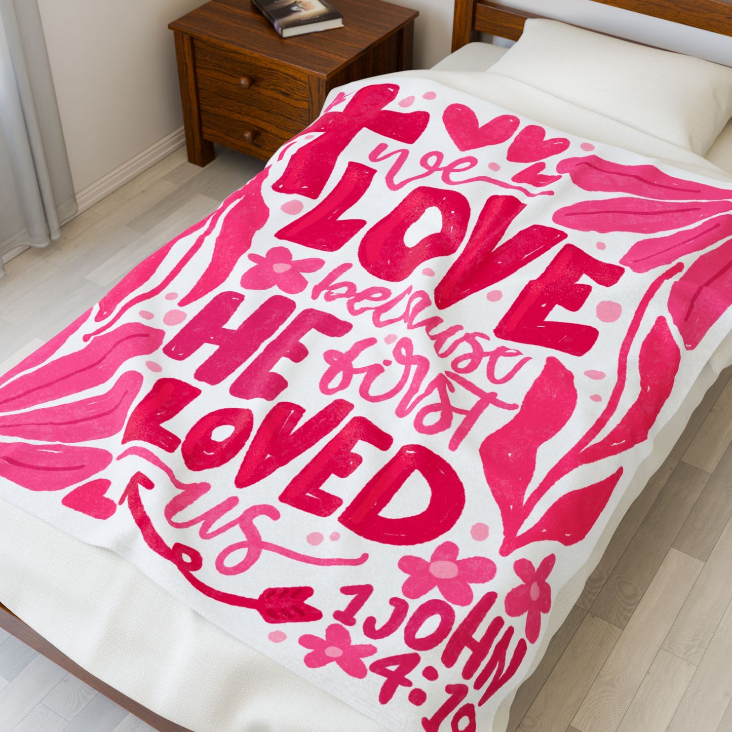 Christian Pink "Because He Loved Us First" Velveteen Plush Blanket