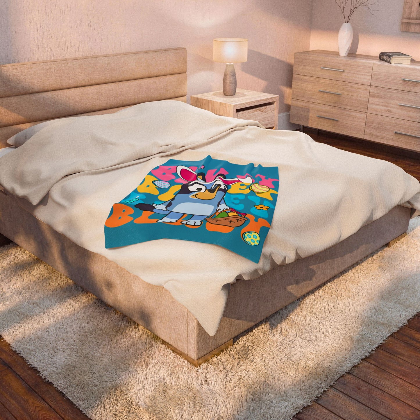 Easter Bunny Bluey Velveteen Plush Blanket – Kids Cartoon Easter Throw