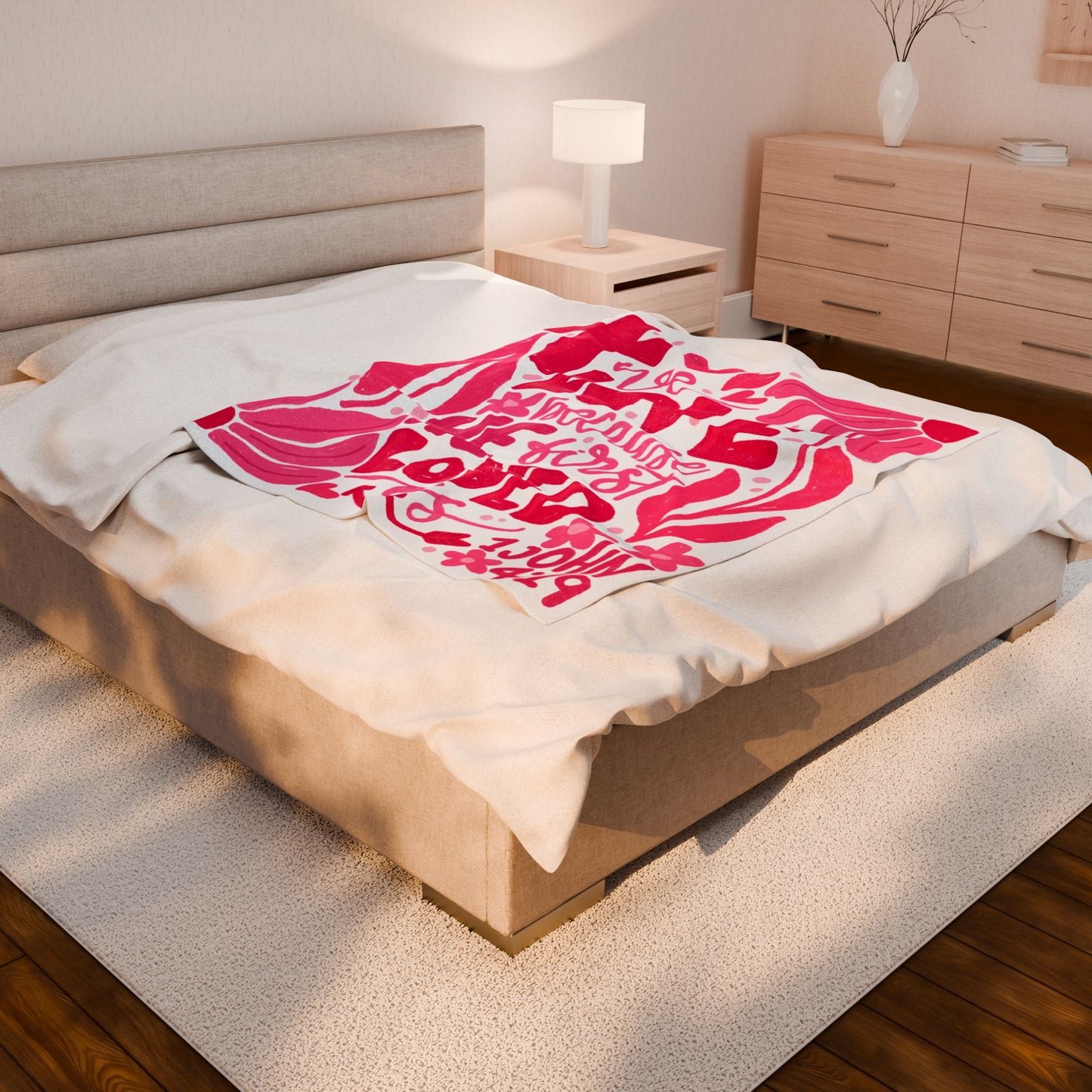 Christian Pink "Because He Loved Us First" Velveteen Plush Blanket