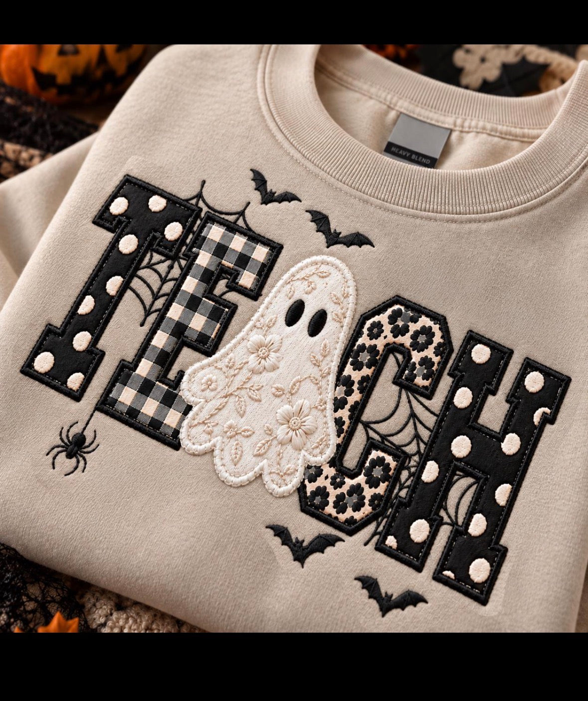 Halloween TEACH Faux Embroidery Sweatshirt | Sand Gildan Crewneck