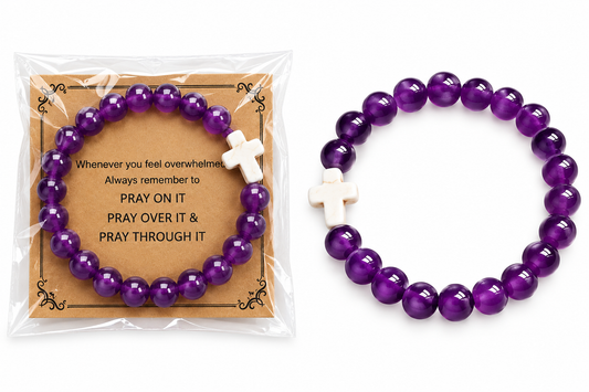 Purple Beaded Cross Bracelet for Women with Encouragement Card
