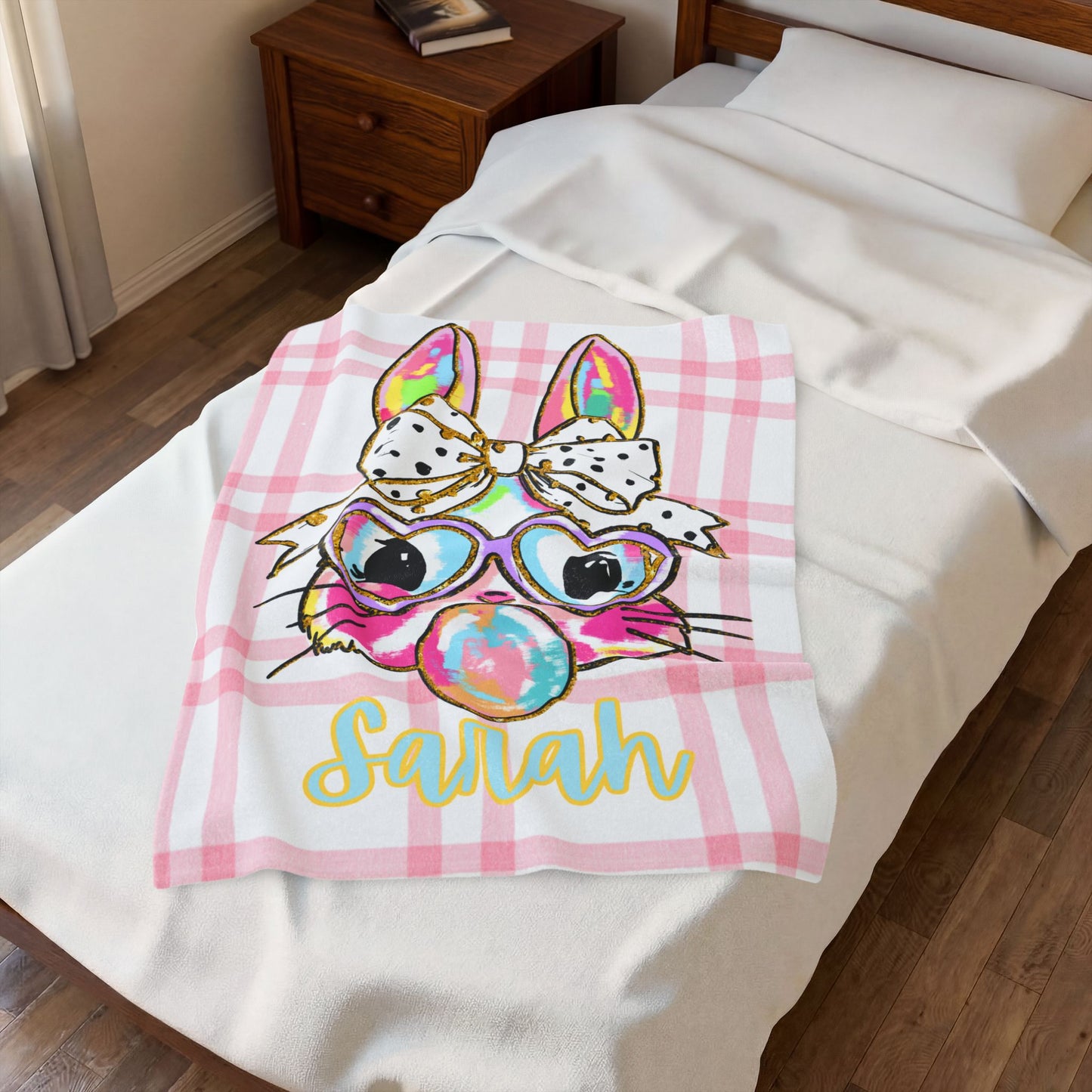 Personalized Bunny Plush Blanket — Pink Plaid Velveteen Throw with Name