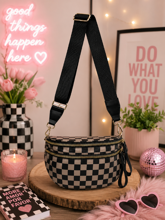 Brown & Black Checkered Crossbody Bag