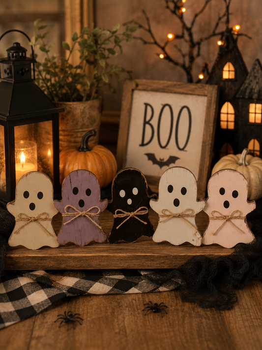 Rustic Wooden Ghost Decorations (Set of 5)