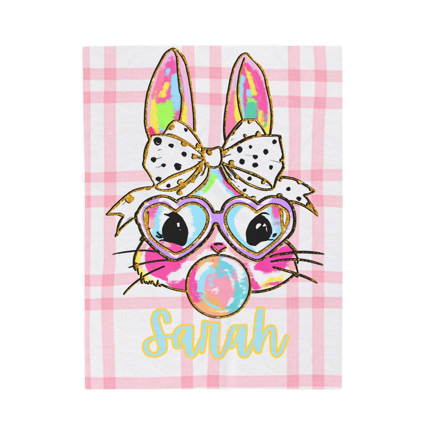 Personalized Bunny Plush Blanket — Pink Plaid Velveteen Throw with Name