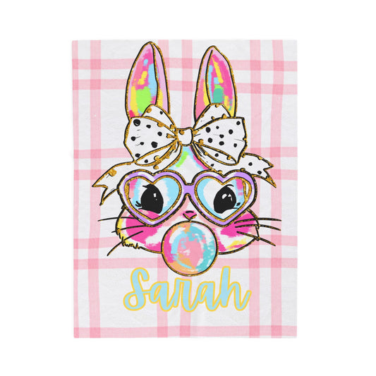 Personalized Bunny Plush Blanket — Pink Plaid Velveteen Throw with Name