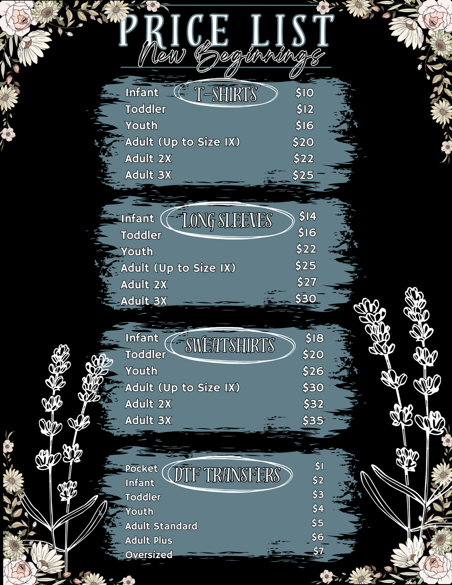 Apparel and DTF Transfer Price List