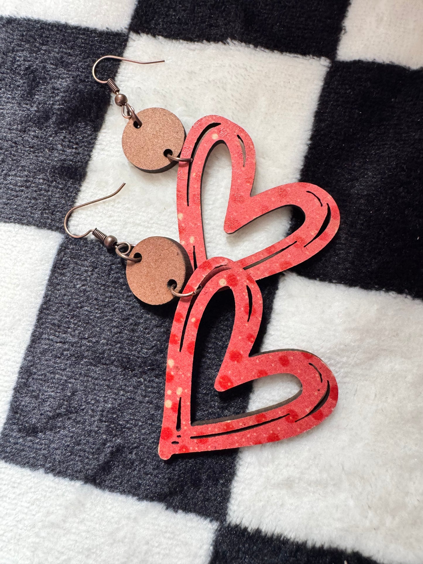 Wooden Red Heart Earrings