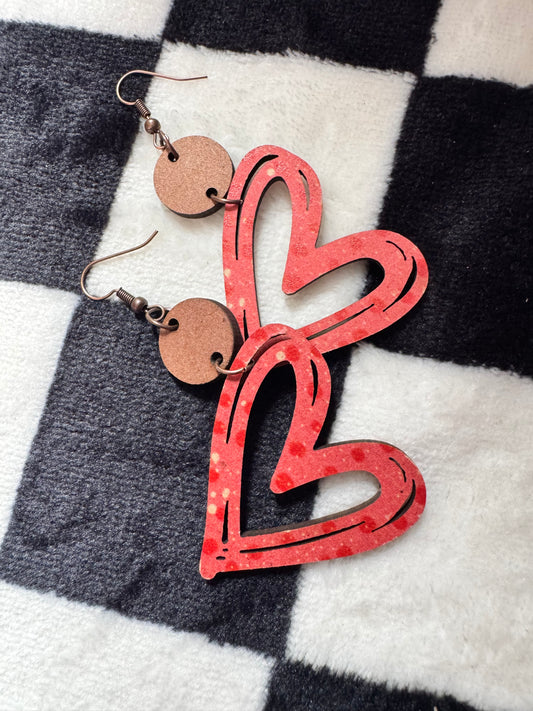 Wooden Red Heart Earrings