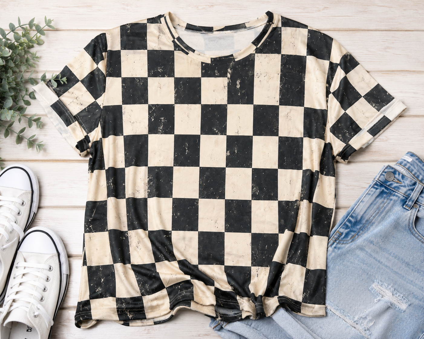 Distressed Checkered Tee