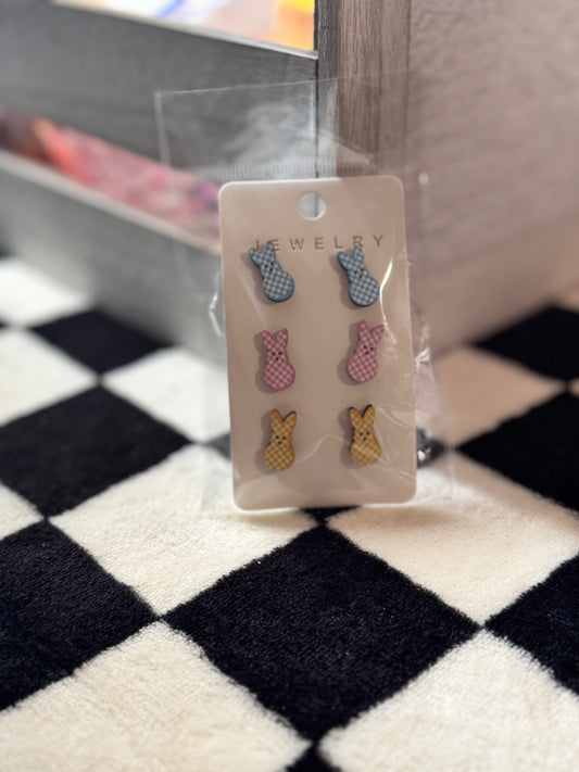 Checkered Print- Bunny Earrings- Set of 3 (Pink, Yellow, Blue)