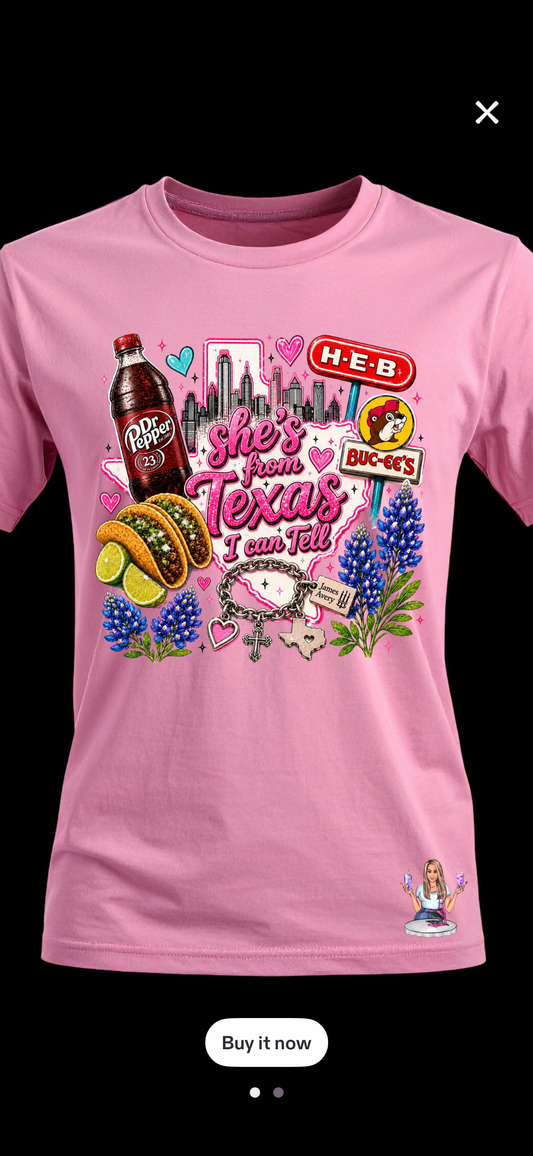 She's From Texas (Dr Pepper/Big Red) Pink TShirt