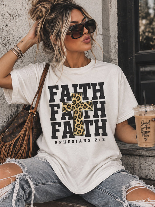Faith Ephesians 2:8 Leopard Cross Graphic Shirt